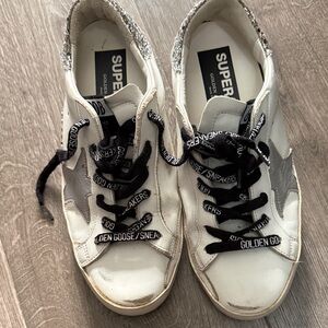 Golden Goose White and Silver Sneakers with Black Laces